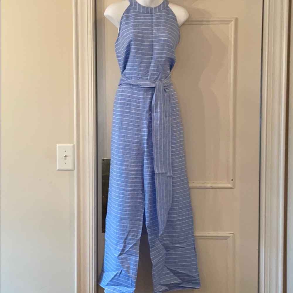 J McLaughlin blue striped linen jumpsuit sz 10